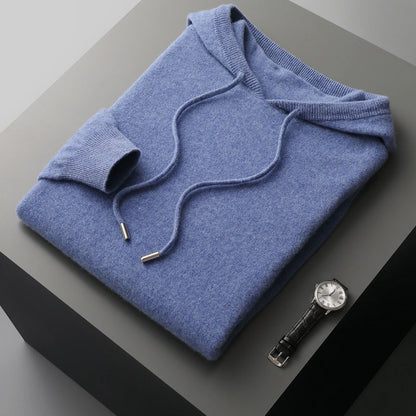 Men's 100% Merino Wool Sweater Hooded Collar Knitted Pullover Cashmere Sweatshirt Autumn Winter Casual Large Tops Long Sleeved