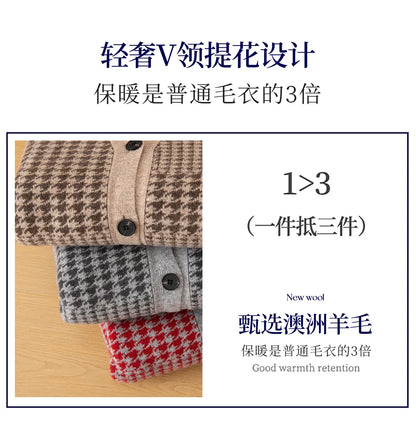 Men's V-Neck Cardigan Business Casual Jacquard Thickened Jacket 100% Merino Wool Knit Coat Autumn Winter Warmth Men's Clothing