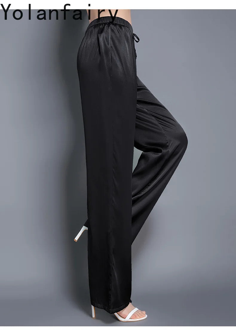 YOLANFAIRY Casual Wide Leg Pants Summer 95% Real Mulberry Silk Women's Pants Korean Loose Trousers Woman Silk Pants Full Length