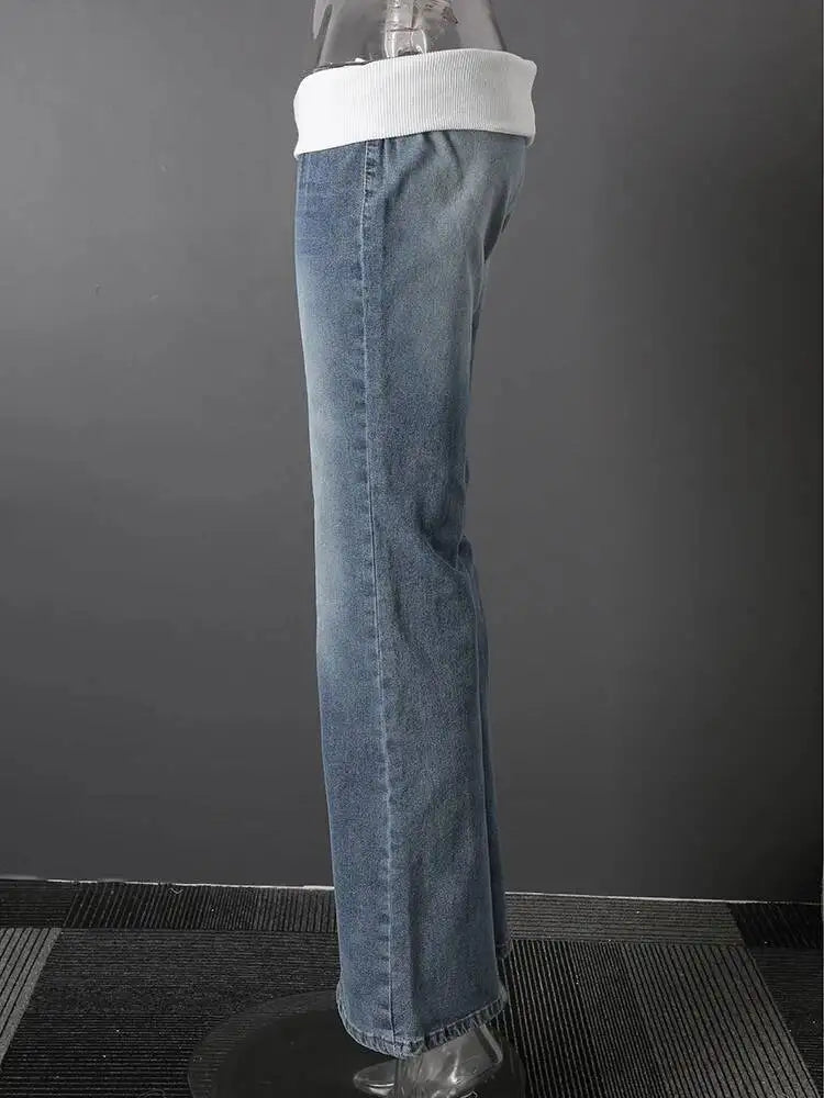 DEAT Fashion Fold Over Waist Flare Jeans Women's Low Waist Slim Light Blue Denim Pants Summer New