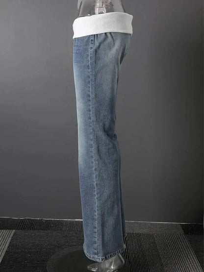 DEAT Fashion Fold Over Waist Flare Jeans Women's Low Waist Slim Light Blue Denim Pants Summer New