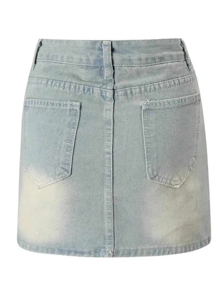 DEAT Fashion Star Rhinestone Denim Mini Skirt Women's High Waist Light Blue Gradient Wash Skirts Summer New