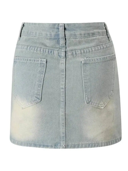 DEAT Fashion Star Rhinestone Denim Mini Skirt Women's High Waist Light Blue Gradient Wash Skirts Summer New