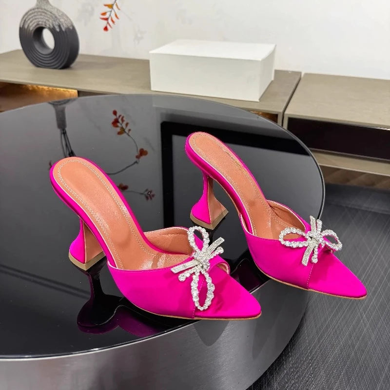 New Bow Rhinestone High-heeled Sandals Sexy Open-toed Fish Mouth Pointed Rear Empty Cool Slippers Women