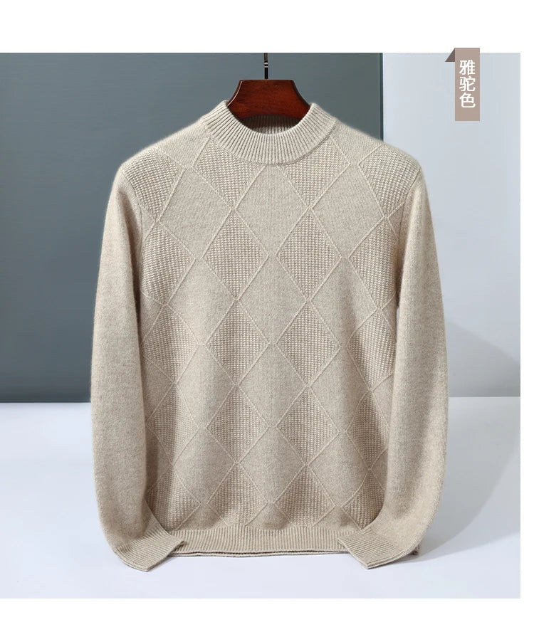 Autumn Winter New Style 100% Goat Cashmere Men's Mock Neck Diamond Knitted Base Shirt Casual Business Top Fashionable Knitwear