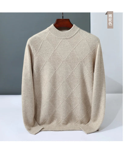 Autumn Winter New Style 100% Goat Cashmere Men's Mock Neck Diamond Knitted Base Shirt Casual Business Top Fashionable Knitwear