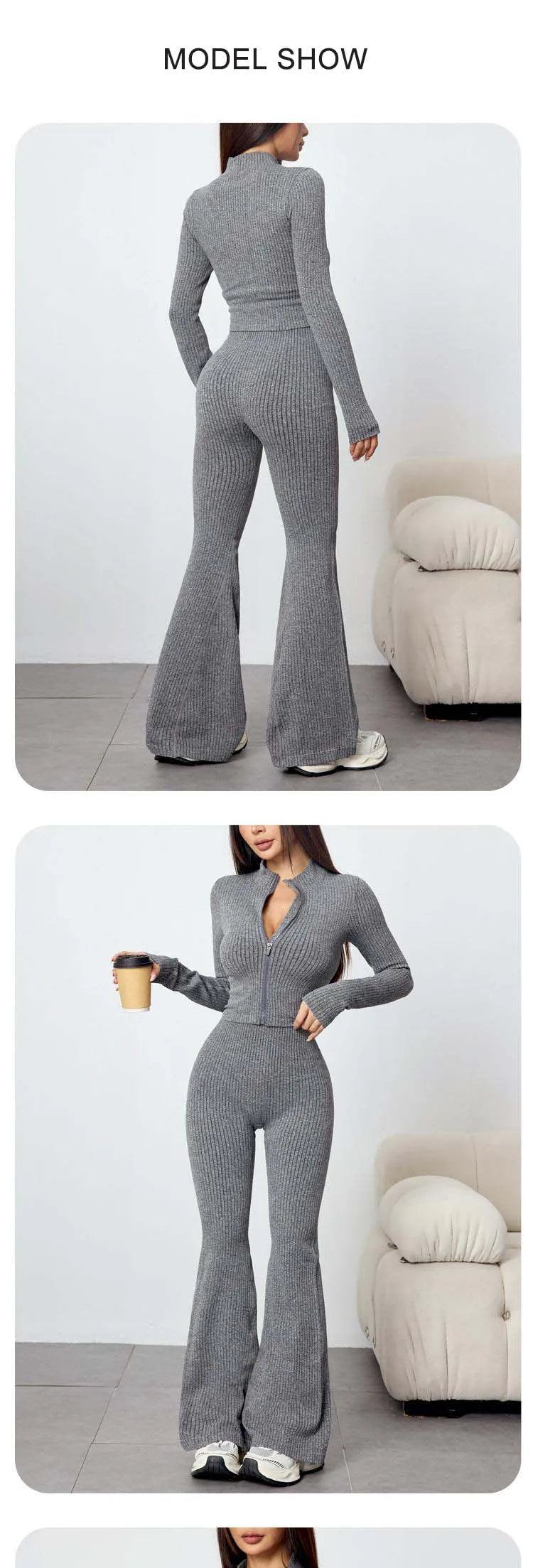SOISOU 2 PCS Sport Running Sets Autumn Winter Women's Slim Yoga Outfit Long Sleeve Zip Jacket Flared Leggings Fitness Set
