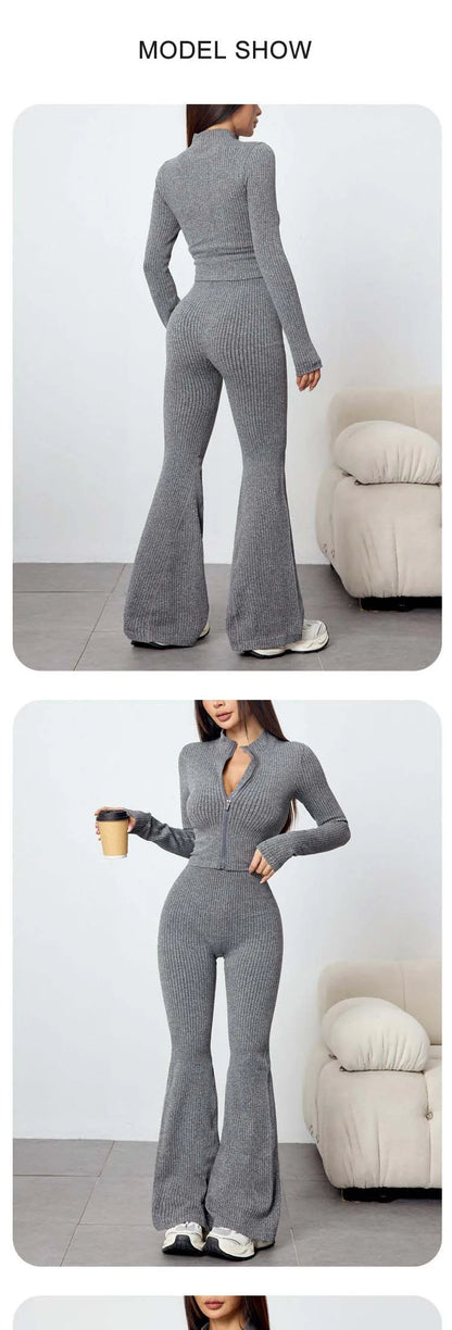 SOISOU 2 PCS Sport Running Sets Autumn Winter Women's Slim Yoga Outfit Long Sleeve Zip Jacket Flared Leggings Fitness Set