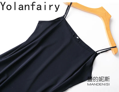 YOLANFAIRY 19momme 93% Mulberry Silk Spaghetti Strap Dress for Women Elegant Mid-length Sexy Real Silk Summer Dresses Woman 원피스