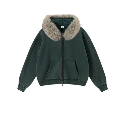 Custom LOGO Men's 400G Autumn Winter Retro Washed Boxy Fleece Collar Plush Thickened  Hooded  Zipper Jacket Couple style set