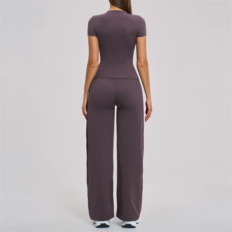 TRY TO BN Women's Tracksuit Two Pieces Yoga Sets Short Sleeve High Waist Leggings Fitness Sportwear Workout Running Gym Clothing