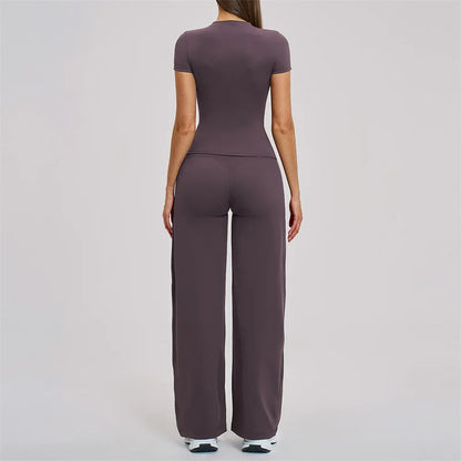 TRY TO BN Women's Tracksuit Two Pieces Yoga Sets Short Sleeve High Waist Leggings Fitness Sportwear Workout Running Gym Clothing