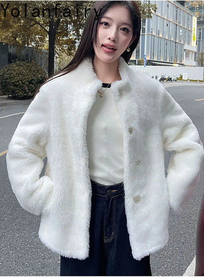 YOLANFAIRY 100% Genuine Leather Jacket Women Warm Natural Fur Coat Woman Winter Short Real Lamb White Fur Coats Jaqueta Feminina