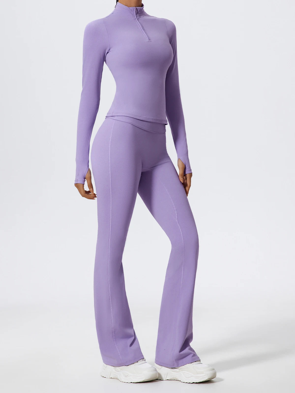 Hearuisavy Summer Half Zipper Yoga Suit Outdoor Workout Clothing Gym Set Women Flared Pants 2Pcs Sports Long Sleeves Shirt Suit