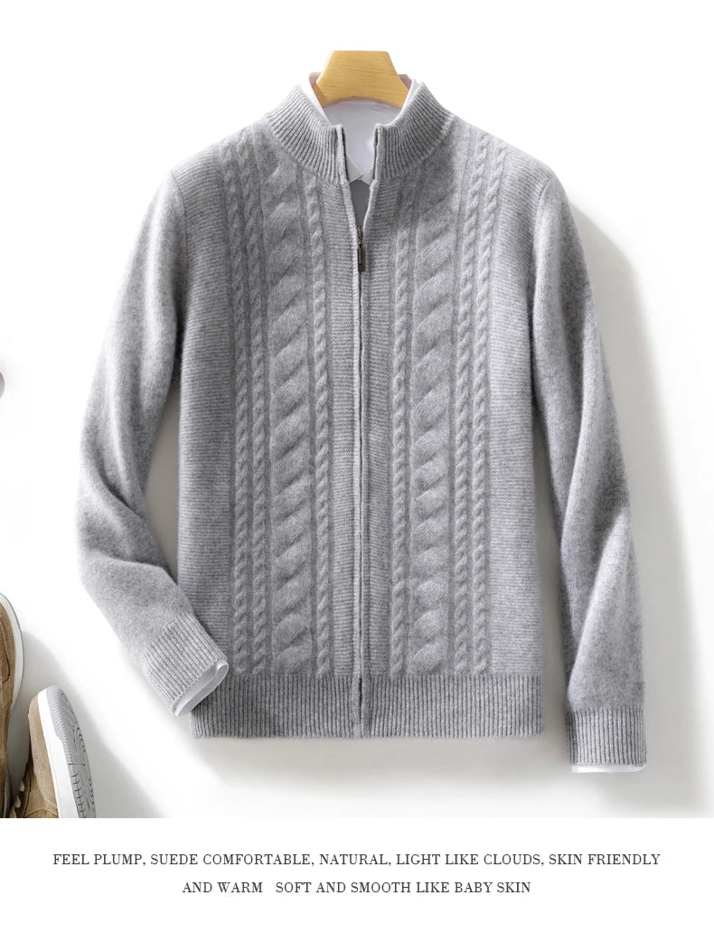 High Quality Men Mock Collar Twisted Cardigan Autumn Winter Thick Zipper 100% Merino Wool Sweater Casual Coat Cashmere Knitwear