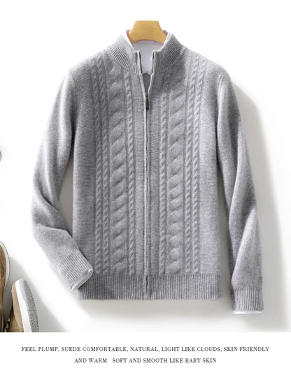 High Quality Men Mock Collar Twisted Cardigan Autumn Winter Thick Zipper 100% Merino Wool Sweater Casual Coat Cashmere Knitwear