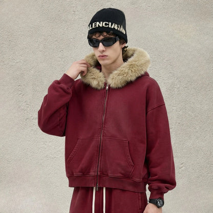 Custom LOGO Men's 400G Autumn Winter Retro Washed Boxy Fleece Collar Plush Thickened  Hooded  Zipper Jacket Couple style set