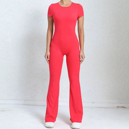Women's Tracksuit Yoga Set Backless Jumpsuits Back V One Piece Fitness Rompers Short Sleeves Sportswear Gym Set Workout Clothes