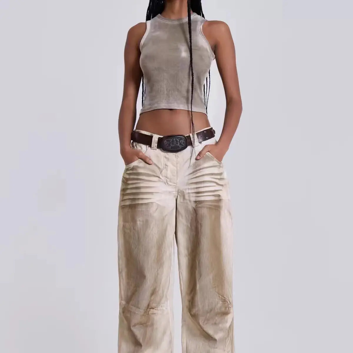 DEAT Fashion Dirty Dyed Jeans Women's High Waist Loose Straight Wide Leg Denim Pants Summer New 7A609