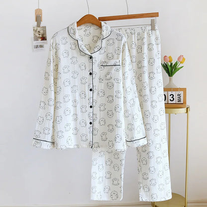 2026 New Spring and Autumn Women's Pajama Set 100% Cotton Crepe Cute Long sleeved Pants Two piece Printed Loose Home Fury