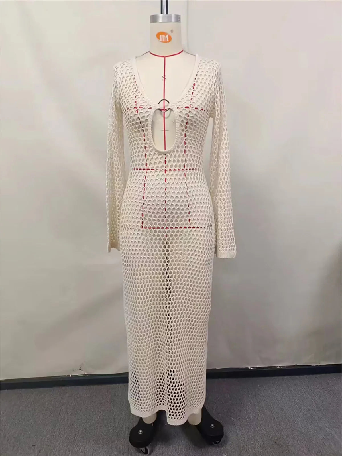 Sexy Hollow Out Long Sleeve Crochet Knitted Tunic Beach Dress Beach Wear Beachwear Beach Cover Up Cover-upsFemale Women V5567