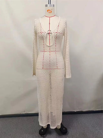 Sexy Hollow Out Long Sleeve Crochet Knitted Tunic Beach Dress Beach Wear Beachwear Beach Cover Up Cover-upsFemale Women V5567