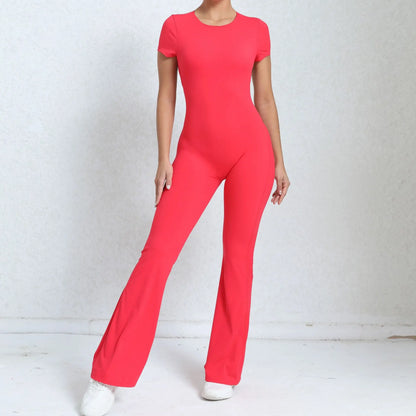Women's Tracksuit Yoga Set Backless Jumpsuits Back V One Piece Fitness Rompers Short Sleeves Sportswear Gym Set Workout Clothes