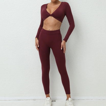 Yoga Set Women Clothes Workout Set 2 Pieces Sportswear Gym Clothing Fitness Long Sleeve Crop Top High Waist Leggings Sports Suit