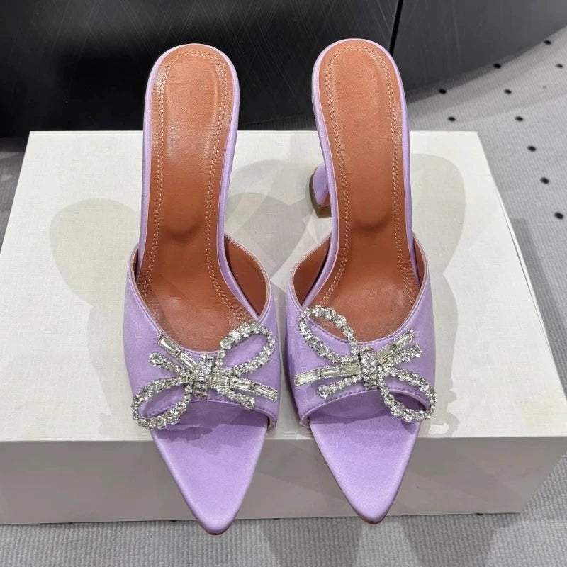 New Bow Rhinestone High-heeled Sandals Sexy Open-toed Fish Mouth Pointed Rear Empty Cool Slippers Women