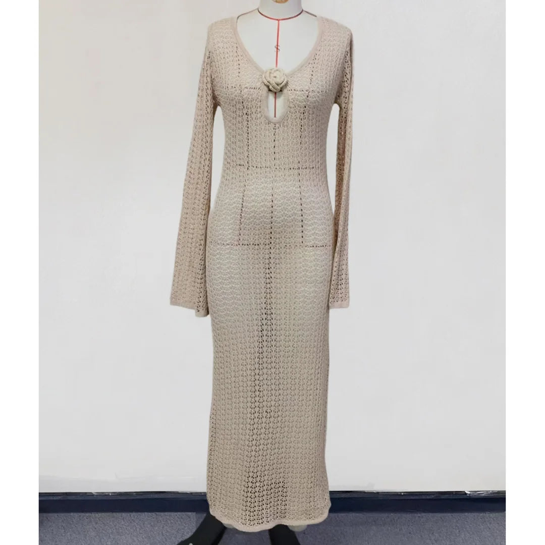 3D Flower V Neck Long Sleeve Crochet Knitted Tunic Beach Cover Up Cover-ups Beach Dress Beach Wear Beachwear Female Women V5852