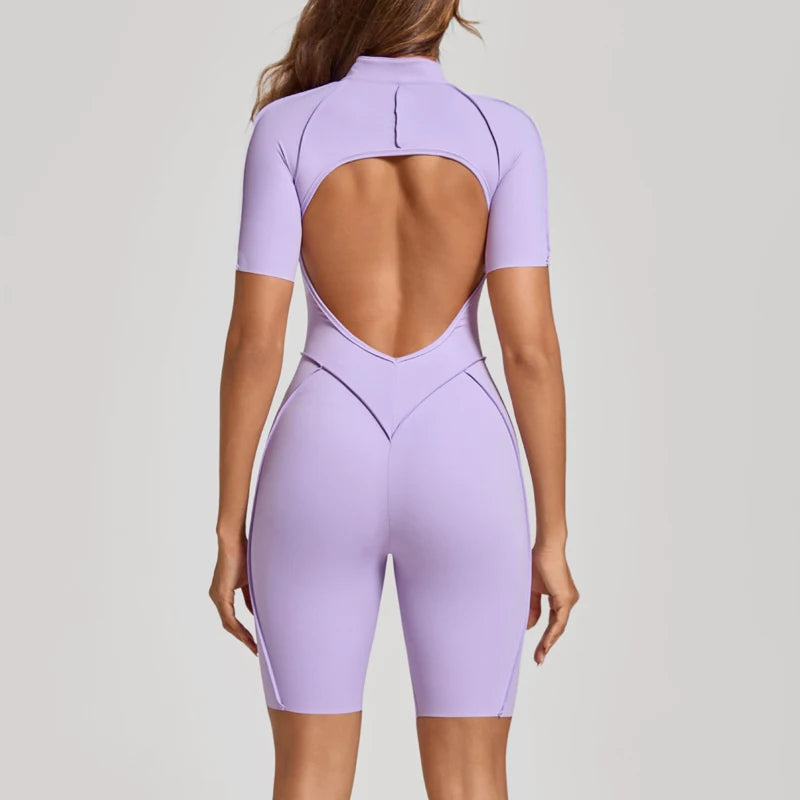 VITALINOVO Women Short Sleeve Workout Jumpsuit Backless Zip Up Romper Bottom Shorts Built-in Bra Bodysuit Bodycon Sexy One Piece