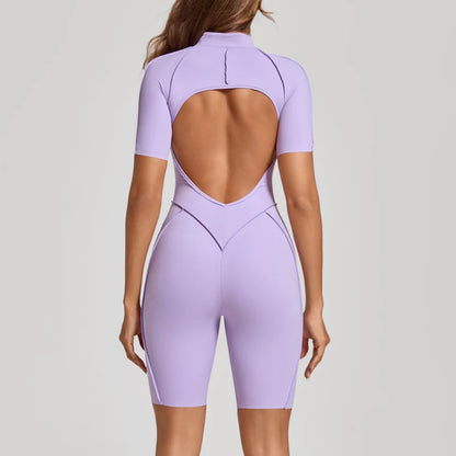 VITALINOVO Women Short Sleeve Workout Jumpsuit Backless Zip Up Romper Bottom Shorts Built-in Bra Bodysuit Bodycon Sexy One Piece