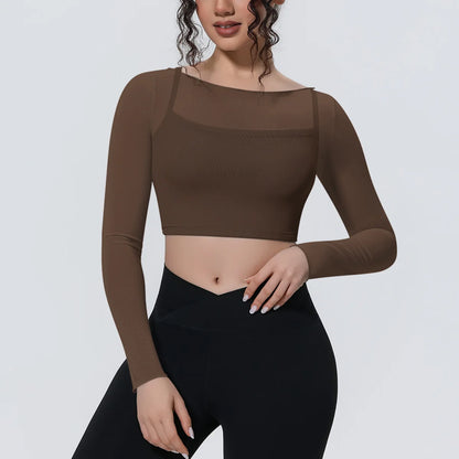 Hearuisavy Women's Mesh Long Sleeve Yoga Top With Padded Bra Fake Two Piece Gym Clothing Fitness Top Quick Dry Sports Crop Top