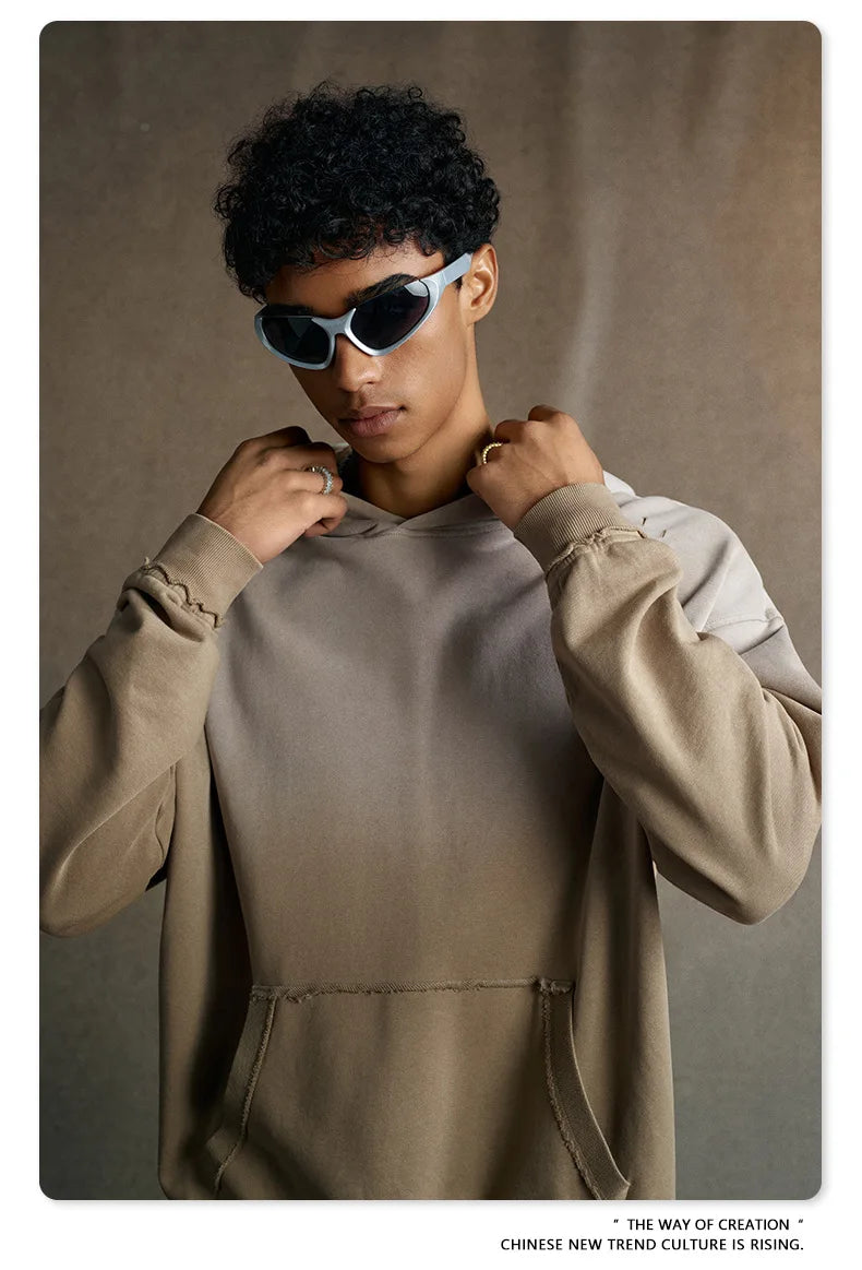 Custom LOGO men's 2025 autumn 370G heavy 100% cotton gradual change hole hooded sweater straight trousers set