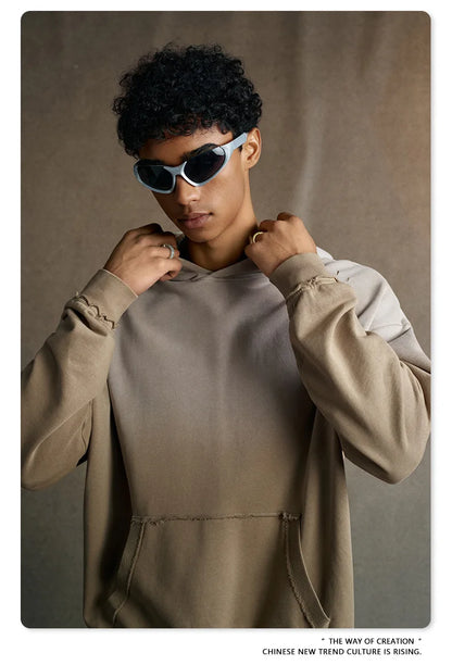 Custom LOGO men's 2025 autumn 370G heavy 100% cotton gradual change hole hooded sweater straight trousers set