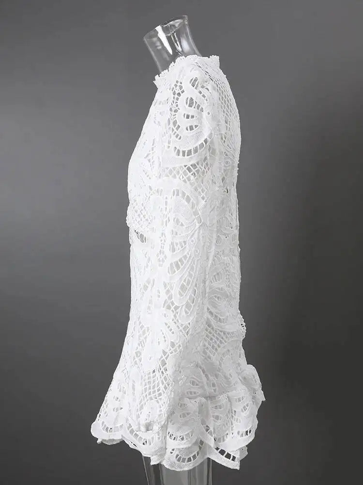 DEAT Fashion White Stand Collar Lantern Long Sleeve Water-soluble Lace Dress A-line Ruffle Hollow Party Mini Dresses Summer New