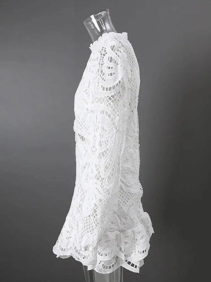 DEAT Fashion White Stand Collar Lantern Long Sleeve Water-soluble Lace Dress A-line Ruffle Hollow Party Mini Dresses Summer New