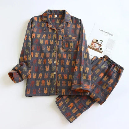 2026 new spring and summer women's pajamas suit long-sleeved trousers two-piece 100% cotton crepe flower leaves home clothes