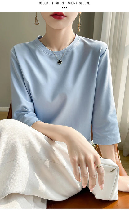 Spring And Summer New White Mercerized Cotton Short Sleeve T-Shirt Feminine Joker Cotton Cropped Sleeve Bottoming Shirt