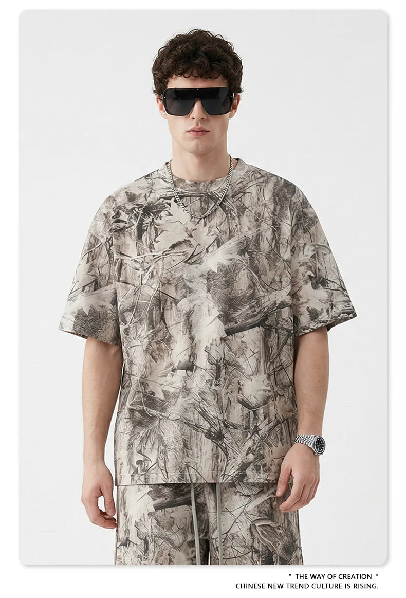 Custom LOGO men's summer camouflage splicing 240G quick-drying cotton polyester short-sleeved T-shirt loose sports shorts set