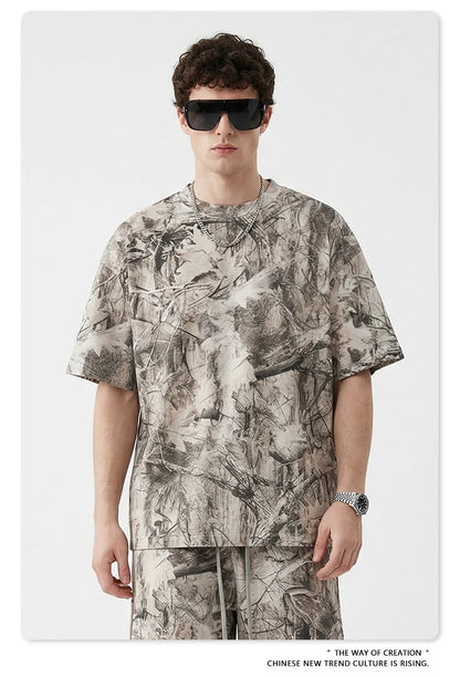Custom LOGO men's summer camouflage splicing 240G quick-drying cotton polyester short-sleeved T-shirt loose sports shorts set