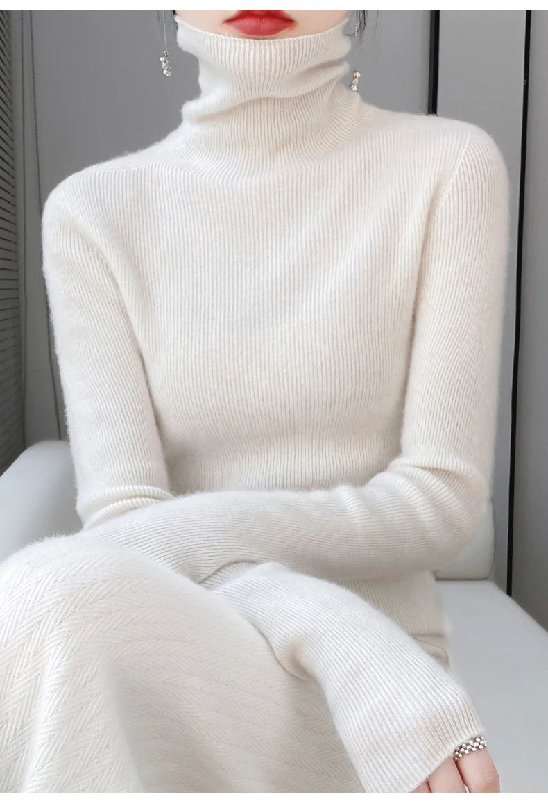 100% Merino Wool Long-sleeved Turtleneck Pullover Women's Autumn Winter Slim Sweater Basic Women's Clothes Cashmere Sweater