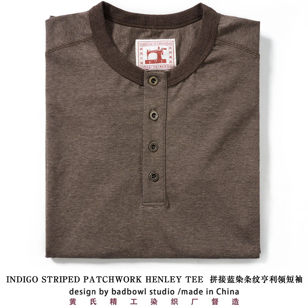 Men's American Retro T-shirt Heavyweight Loose Fit Short Sleeve Henry Collar Neutral Design Casual Loose Shirt