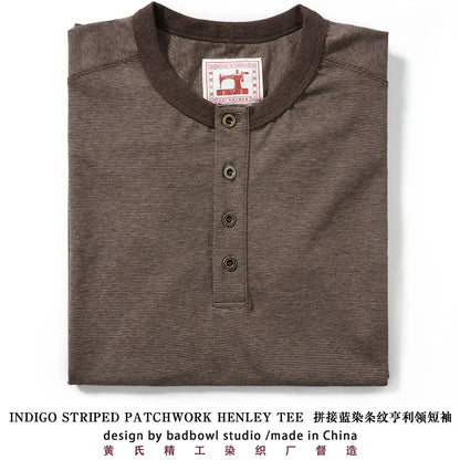 Men's American Retro T-shirt Heavyweight Loose Fit Short Sleeve Henry Collar Neutral Design Casual Loose Shirt