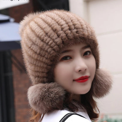 Fashion Women Real mink hat Winter warm mink fur knit hats Women fox fur ball cap