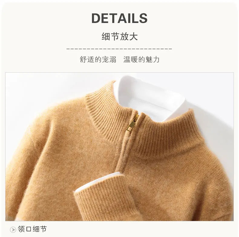 Men's 100% Merino Wool Sweater Half-high Collar Half Zip Thick Pullover Autumn Winter Cashmere Stripe Knitwear Long Sleeved Tops