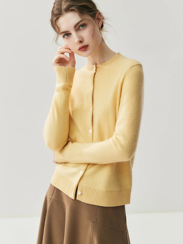 CHICUU Autumn Winter Women Thick O-neck Cardigan Basic Simple 100% Cashmere Sweater Solid Long Sleeve Cardigan Coat Knitwear