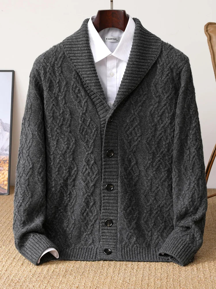 2025 Autumn Winter New Five Needle Thick 100% Merino Wool Sweater Men's Lapel Knit Cardigan Business Casual Warm Shirt Menswear