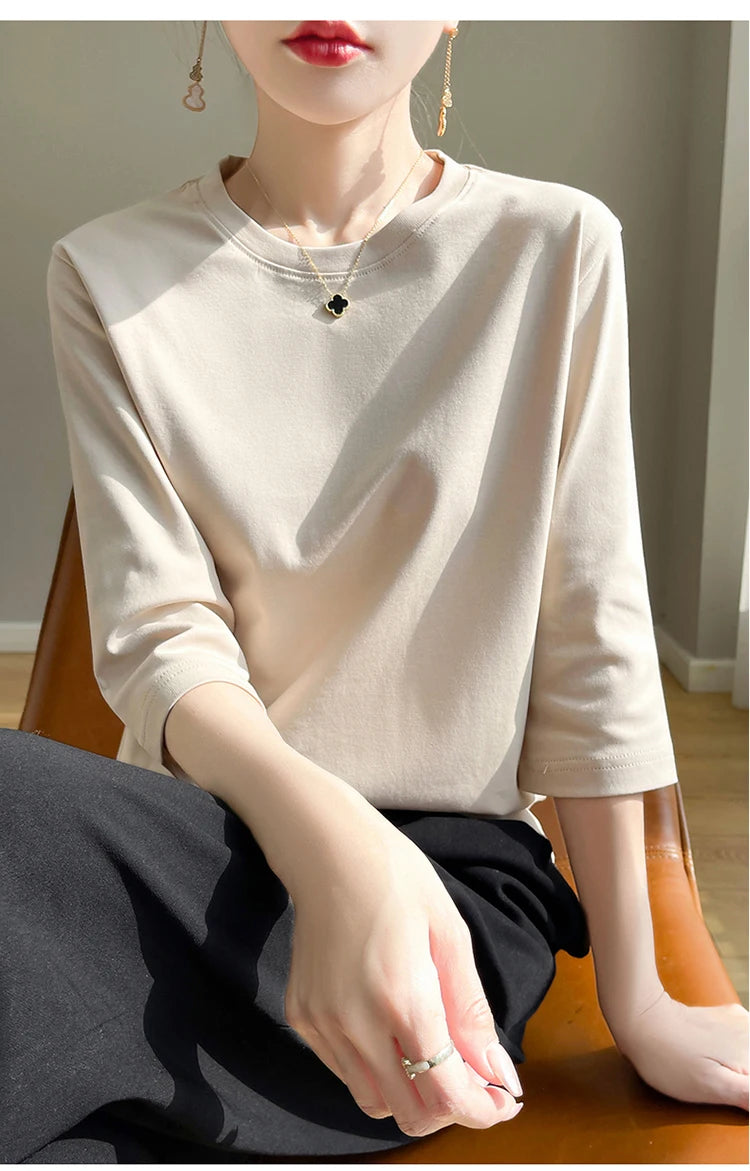 Spring And Summer New White Mercerized Cotton Short Sleeve T-Shirt Feminine Joker Cotton Cropped Sleeve Bottoming Shirt
