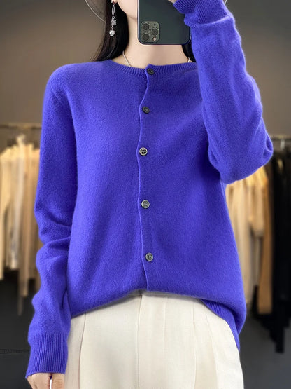 100% Merino Wool Sweater Women O-Neck Cardigan Basic Style  Buttoned Knitwear Female Casual Autumn Winter Soft Tops